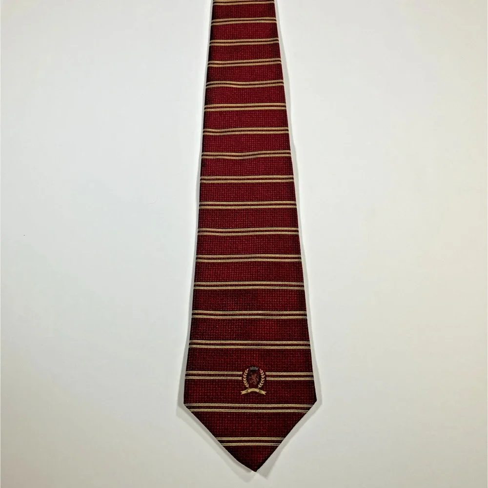 Tommy Hilfiger Men's Tie Italian Silk Striped‎ Red Made in USA Preppy Crest Logo